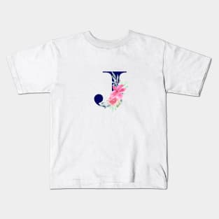 Watercolor Floral Letter J in Navy Kids T-Shirt